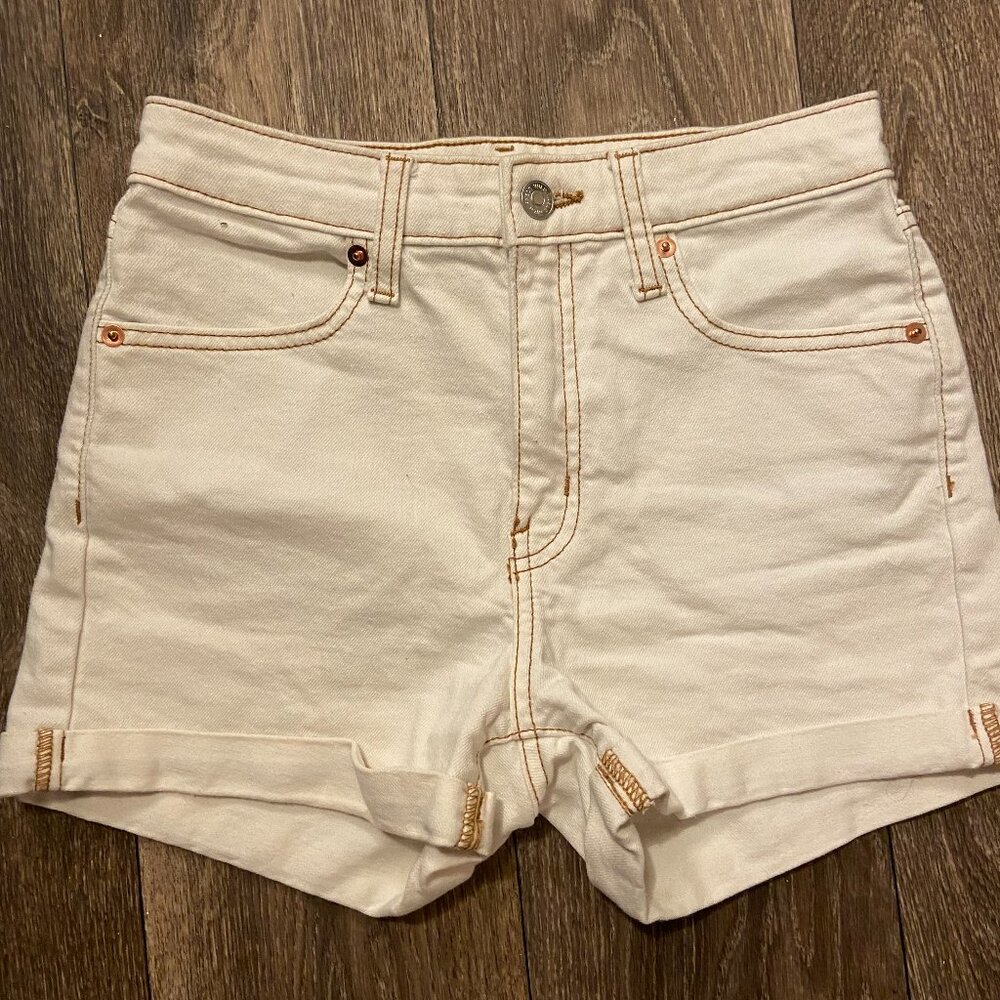 Wild Fable White Linen High Rise Rolled Cuff Jean Shorts with Gold Stitching
